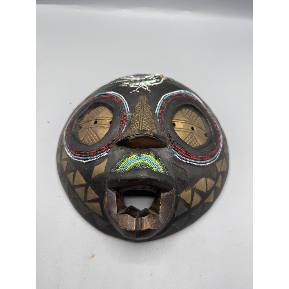 Hand Carved‎ African Beaded Wood Mask Bird Motif Brass Metal Inlay Wall Art 9" - Picture 3 of 7